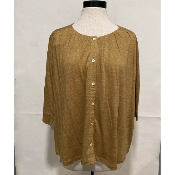 Poetry‎ Women's 12 Golden Cotton Scoop Neck 3/4 Sleeves Button Front Peasant Top - Picture 1 of 8